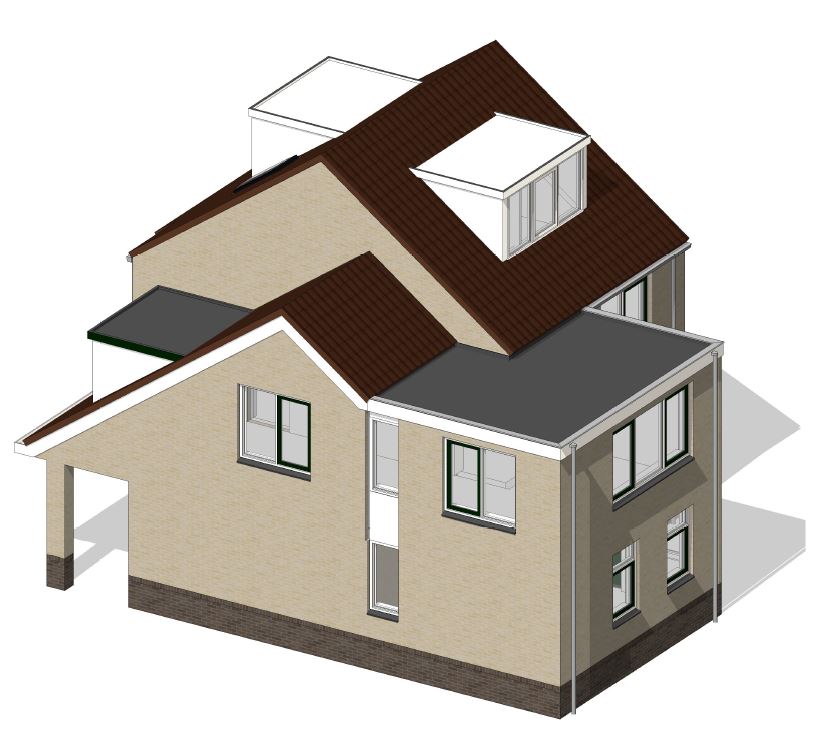 architect tekenbureau dakopbouw gevelrenovatie woubrugge bouwtekening 3D boven rechtsachter